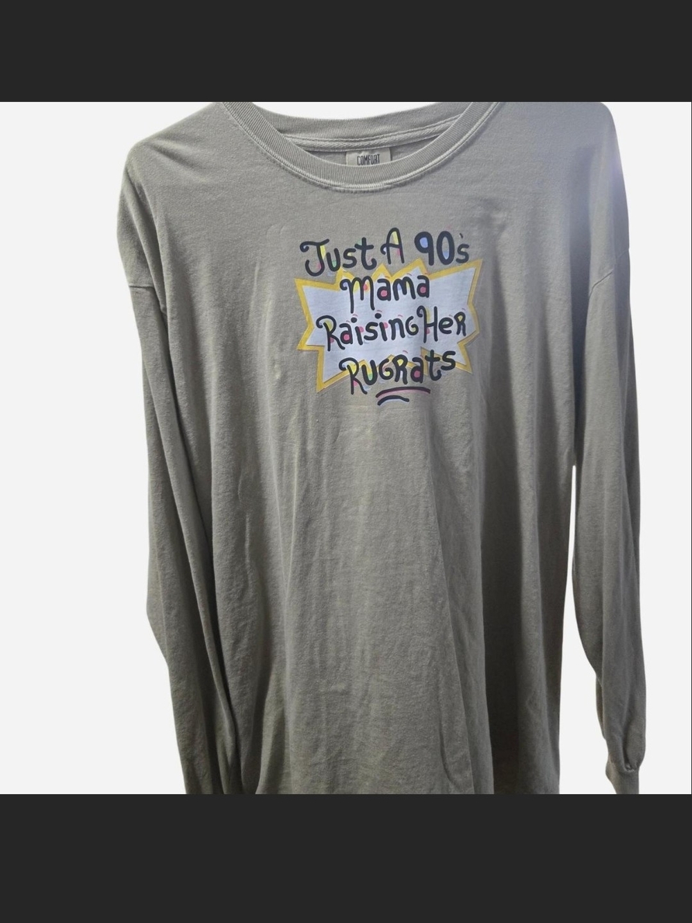 Graphic Long Sleeve Tee - 'Just A 90s Mama Raising Her Rugrats' - Gray